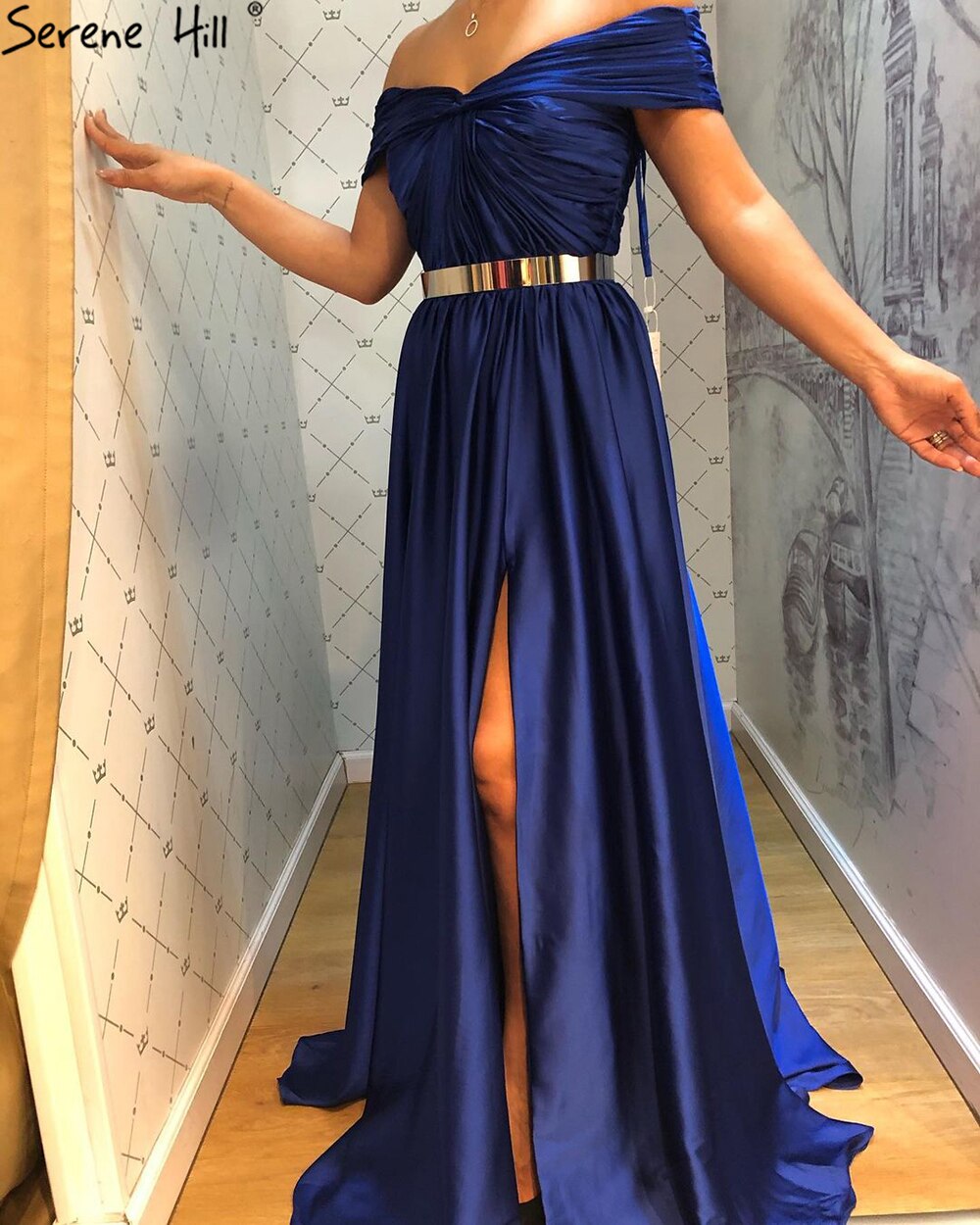 Serene Hill Royal Blue Simple Sartin Evening Dresses Gowns 2025 High Split A-Line Sexy For Women Party LA71301 - SERENE HILL
