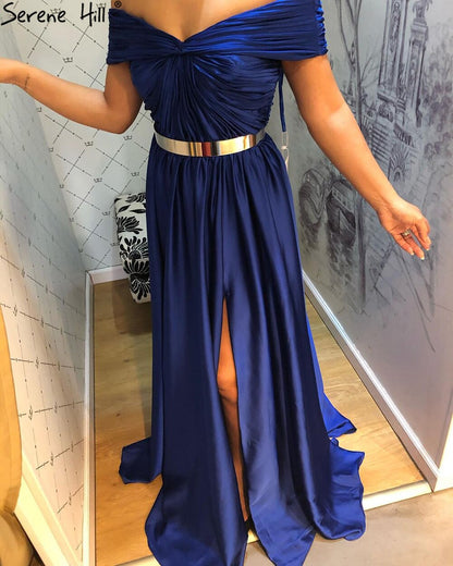 Serene Hill Royal Blue Simple Sartin Evening Dresses Gowns 2025 High Split A-Line Sexy For Women Party LA71301 - SERENE HILL