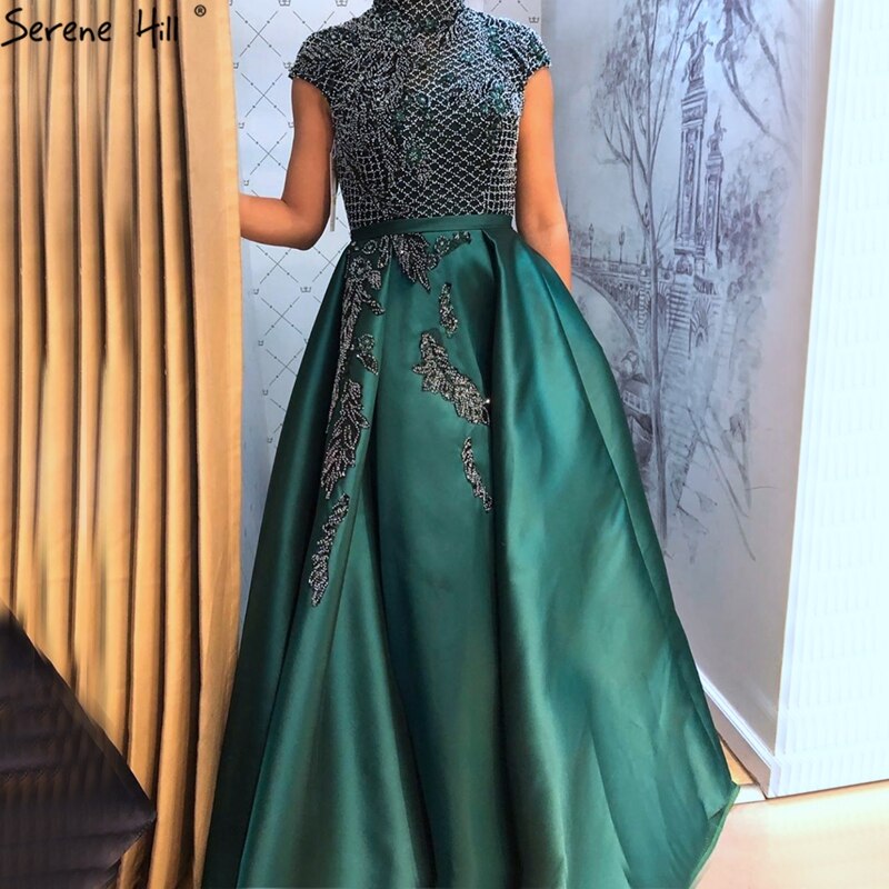 Serene Hill Satin Green A-Line Beading Evening Gowns 2025 Dubai High Collar Cap Sleeves Formal Dress Design LA70761 - SERENE HILL