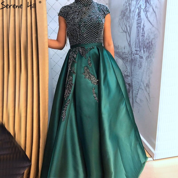 Serene Hill Satin Green A-Line Beading  Evening Gowns 2025 Dubai High Collar Cap Sleeves Formal Dress Design LA70761