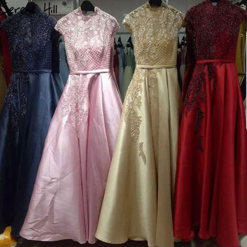 Serene Hill Satin Green A-Line Beading Evening Gowns 2025 Dubai High Collar Cap Sleeves Formal Dress Design LA70761 - SERENE HILL