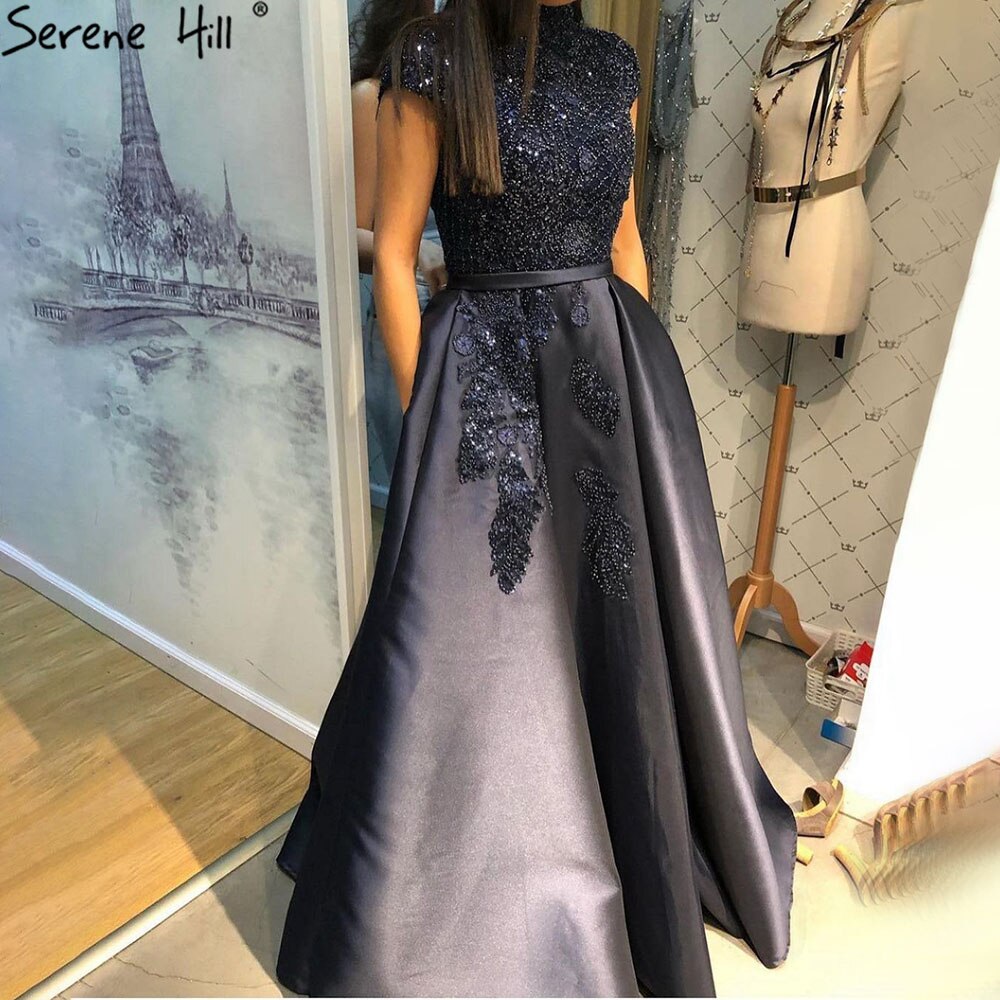 Serene Hill Satin Green A-Line Beading Evening Gowns 2025 Dubai High Collar Cap Sleeves Formal Dress Design LA70761 - SERENE HILL