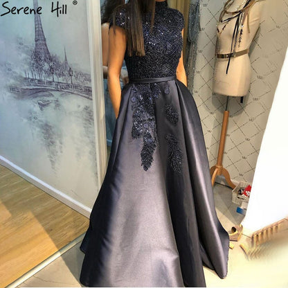 Serene Hill Satin Green A-Line Beading Evening Gowns 2025 Dubai High Collar Cap Sleeves Formal Dress Design LA70761 - SERENE HILL