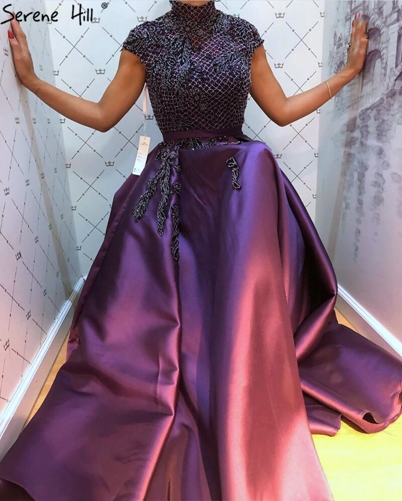 Serene Hill Satin Green A-Line Beading Evening Gowns 2025 Dubai High Collar Cap Sleeves Formal Dress Design LA70761 - SERENE HILL