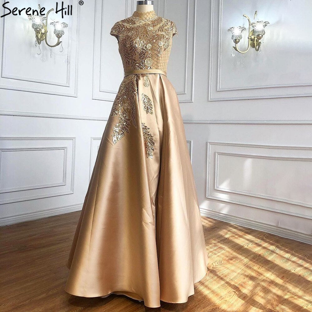 Serene Hill Satin Green A-Line Beading Evening Gowns 2025 Dubai High Collar Cap Sleeves Formal Dress Design LA70761 - SERENE HILL
