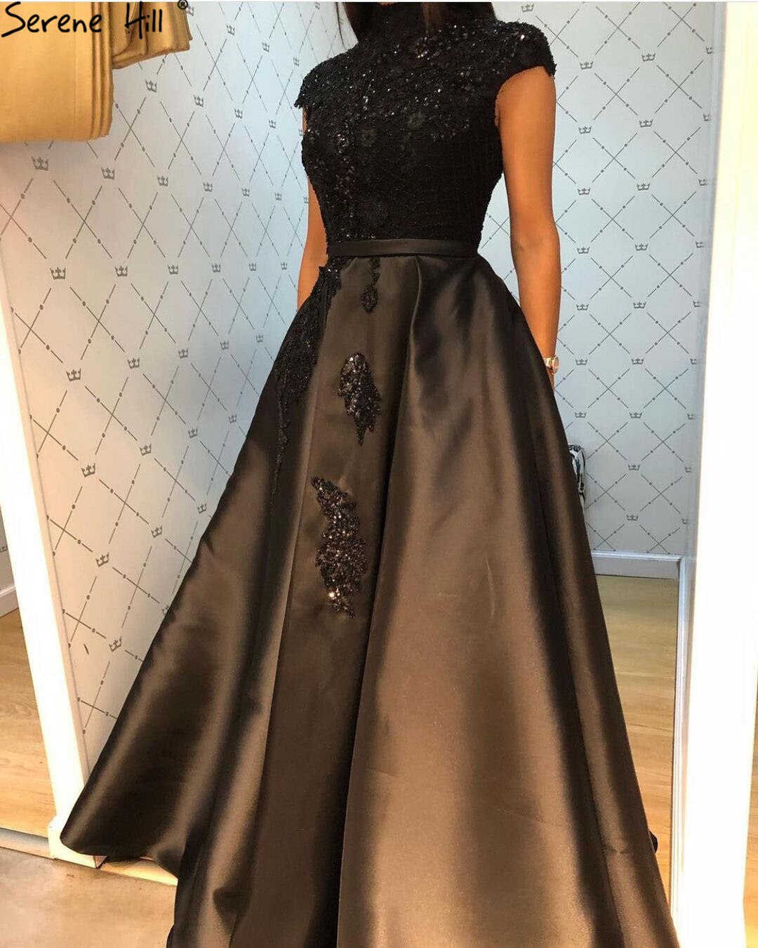Serene Hill Satin Green A-Line Beading Evening Gowns 2025 Dubai High Collar Cap Sleeves Formal Dress Design LA70761 - SERENE HILL