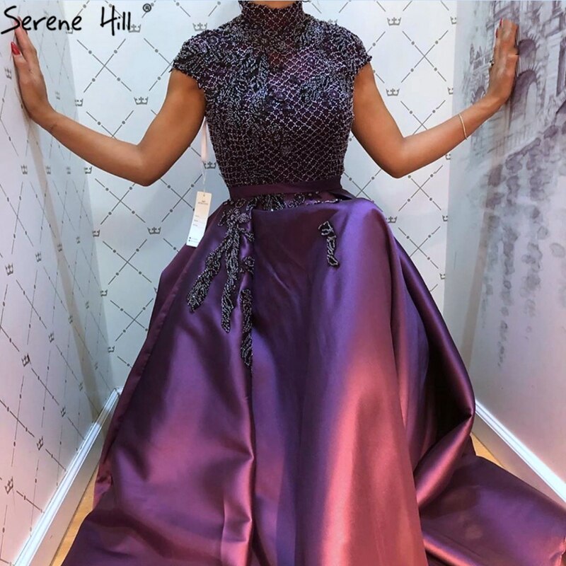 Serene Hill Satin Green A-Line Beading Evening Gowns 2025 Dubai High Collar Cap Sleeves Formal Dress Design LA70761 - SERENE HILL