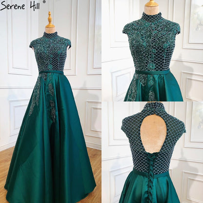 Serene Hill Satin Green A-Line Beading Evening Gowns 2025 Dubai High Collar Cap Sleeves Formal Dress Design LA70761 - SERENE HILL
