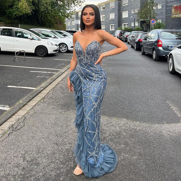 Serene Hill Sexy Blue Elegant Arabic Evening Dresses Gowns Mermaid Luxury  Beaded 2025 For Women Party LA71760
