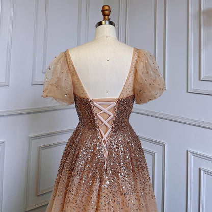 Serene Hill Sexy Gold A Line Luxury Sparkle Beaded Lace Up Evening Dresses Gowns 2025 For Women Party LA71153A - SERENE HILL