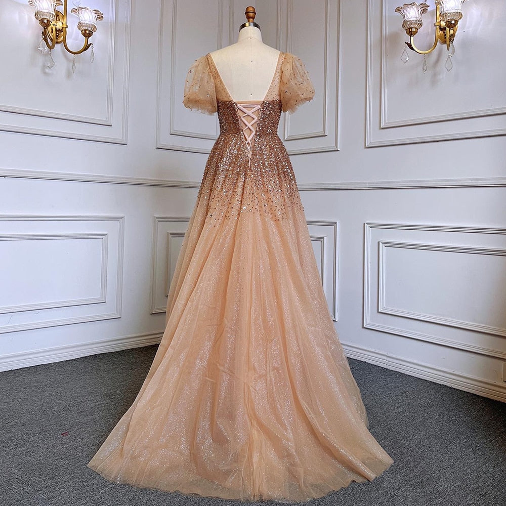 Serene Hill Sexy Gold A Line Luxury Sparkle Beaded Lace Up Evening Dresses Gowns 2025 For Women Party LA71153A - SERENE HILL