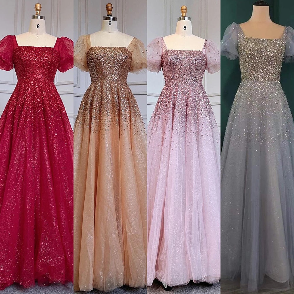 Serene Hill Sexy Gold A Line Luxury Sparkle Beaded Lace Up Evening Dresses Gowns 2025 For Women Party LA71153A - SERENE HILL