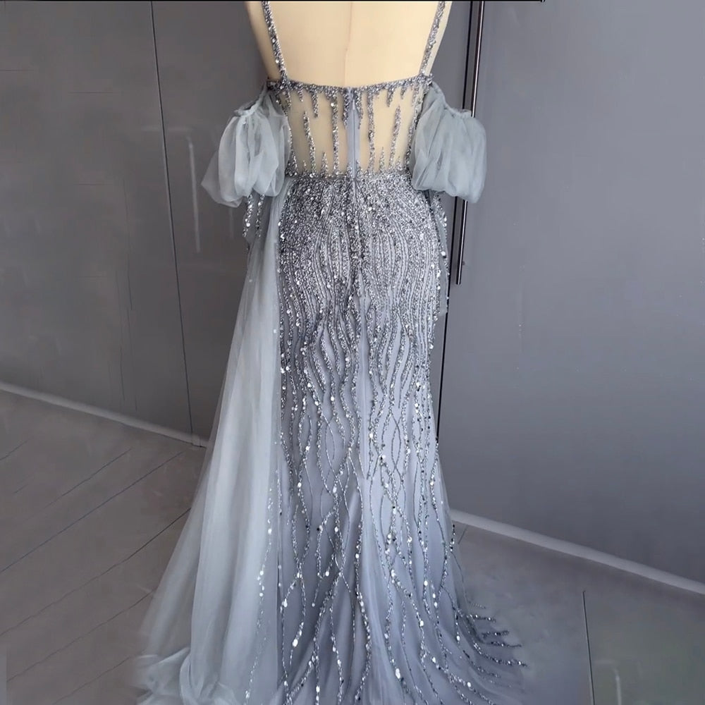 Serene Hill Sexy Gray Beaded Party High Split Spaghetti Straps Mermaid Balloon Sleeves Evening Dresses Gowns 2025 LA71571A - SERENE HILL