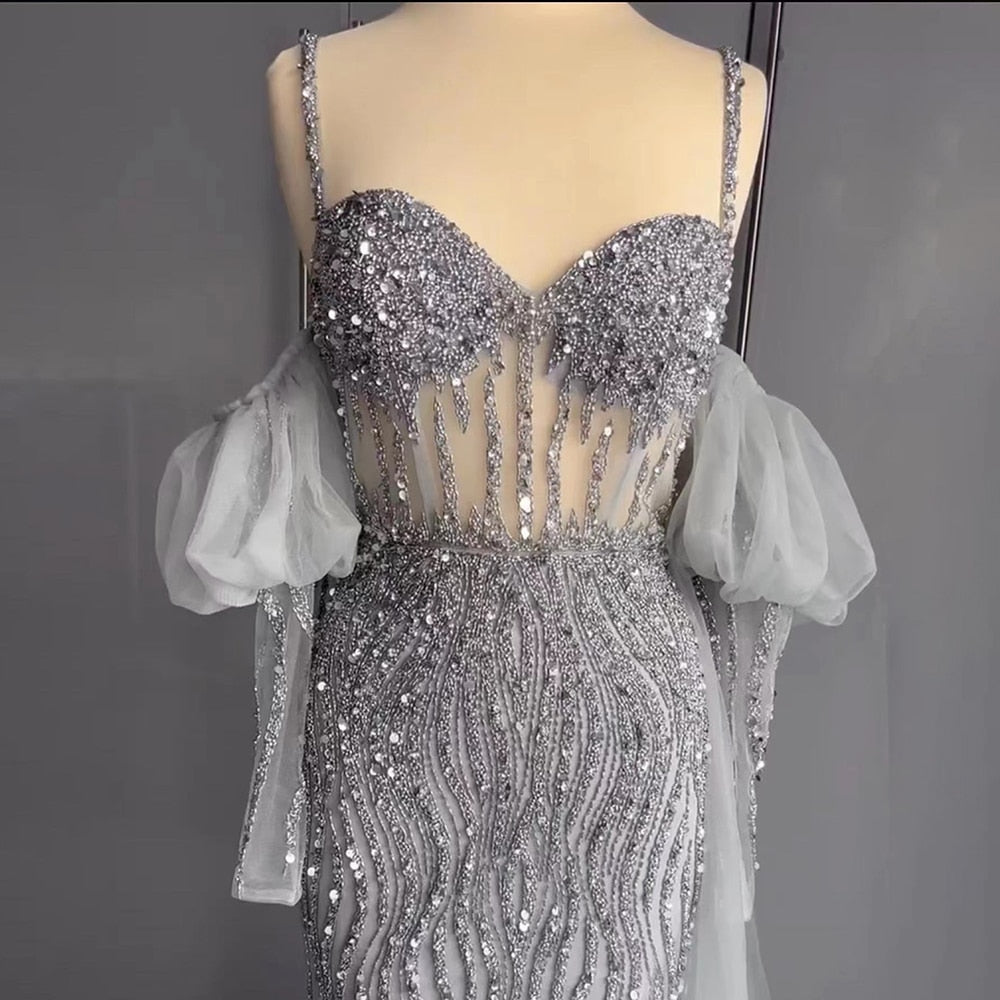 Serene Hill Sexy Gray Beaded Party High Split Spaghetti Straps Mermaid Balloon Sleeves Evening Dresses Gowns 2025 LA71571A - SERENE HILL