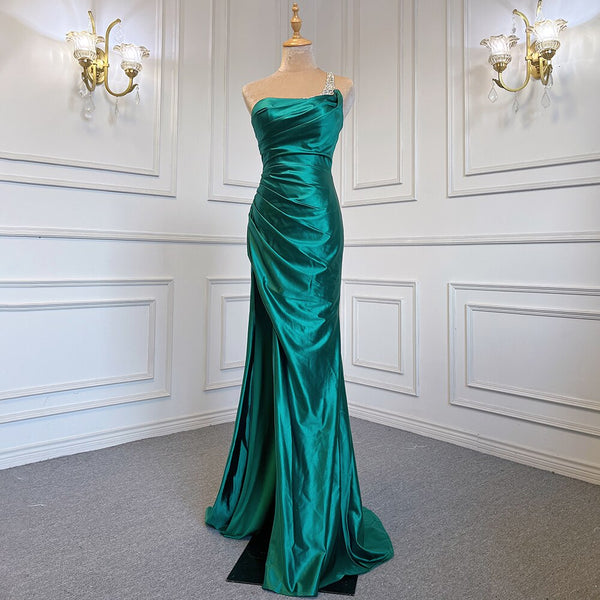 Serene Hill Sexy Green One Shoulder Satin Arabic Evening Dresses Gowns Beaded Mermaid Elegant Luxury For Women Party LA71739
