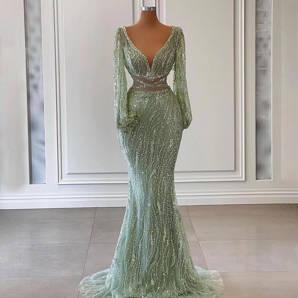 Serene Hill Sexy Mint Mermaid Elegant V-Neck Beaded Luxury Arabic Shiny Evening Dresses Gowns For Women Party 2025 LA71784 - SERENE HILL