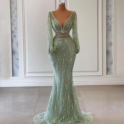 Serene Hill Sexy Mint Mermaid Elegant V-Neck Beaded Luxury Arabic Shiny Evening Dresses Gowns For Women Party 2025 LA71784 - SERENE HILL