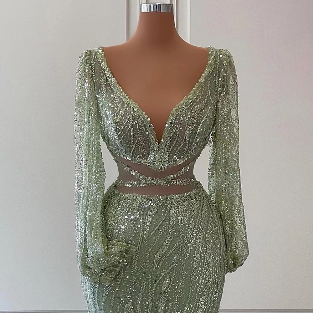 Serene Hill Sexy Mint Mermaid Elegant V-Neck Beaded Luxury Arabic Shiny Evening Dresses Gowns For Women Party 2025 LA71784 - SERENE HILL