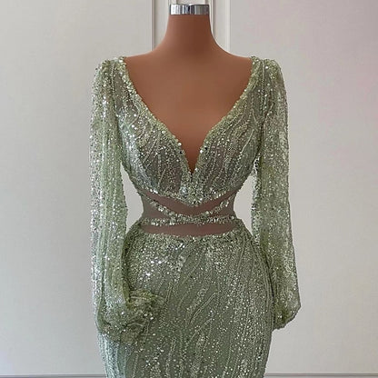 Serene Hill Sexy Mint Mermaid Elegant V-Neck Beaded Luxury Arabic Shiny Evening Dresses Gowns For Women Party 2025 LA71784 - SERENE HILL