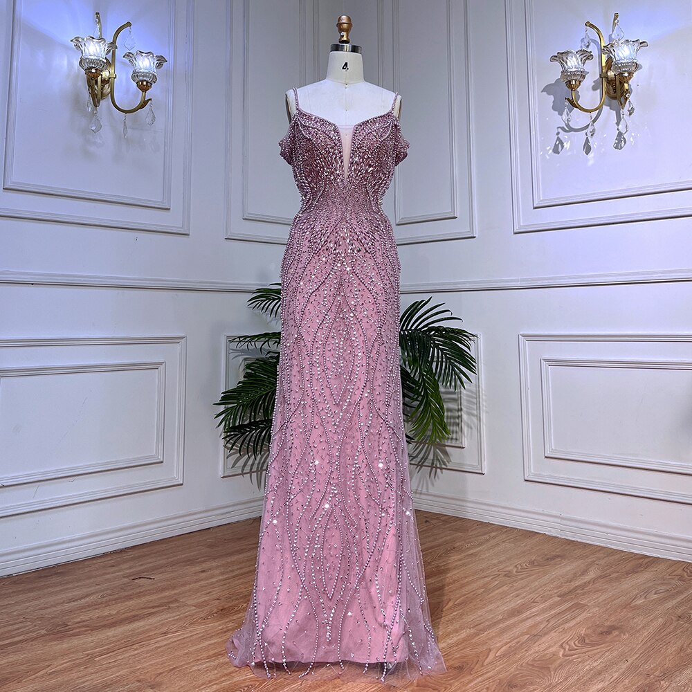 Serene Hill Sexy Pink Long Sparkly Girl Birthday Beaded Off Shoulder Formal Dresses 2025 For Woman Wedding Party LA72020 - SERENE HILL