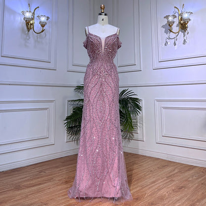 Serene Hill Sexy Pink Long Sparkly Girl Birthday Beaded Off Shoulder Formal Dresses 2025 For Woman Wedding Party LA72020 - SERENE HILL