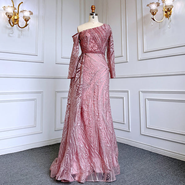 Serene Hill Sexy Pink Mermaid Elegant One Shoulder With Overskirt Luxury Beaded Evening Dresses Gowns For Women Party LA71771