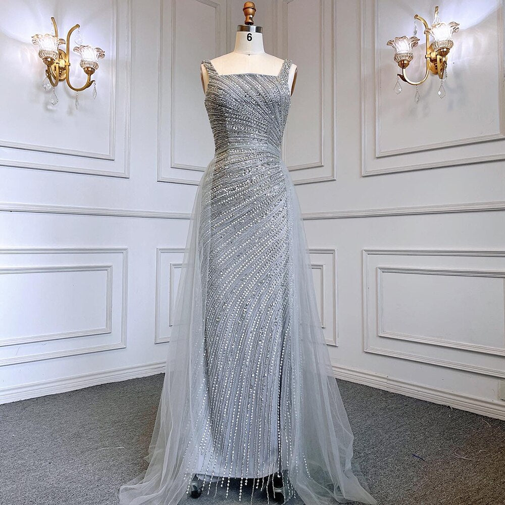Serene Hill Sexy Silver Mermaid Detachable Skirt Beaded Luxury Arabic Evening Dresses Gowns 2025 For Women Party LA71618 - SERENE HILL