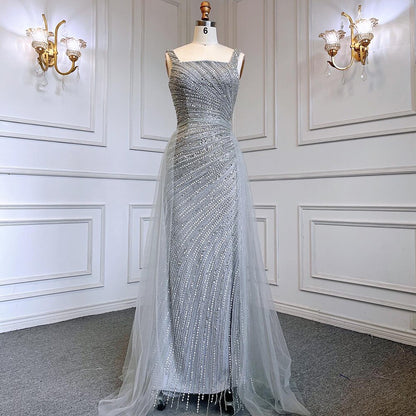 Serene Hill Sexy Silver Mermaid Detachable Skirt Beaded Luxury Arabic Evening Dresses Gowns 2025 For Women Party LA71618 - SERENE HILL