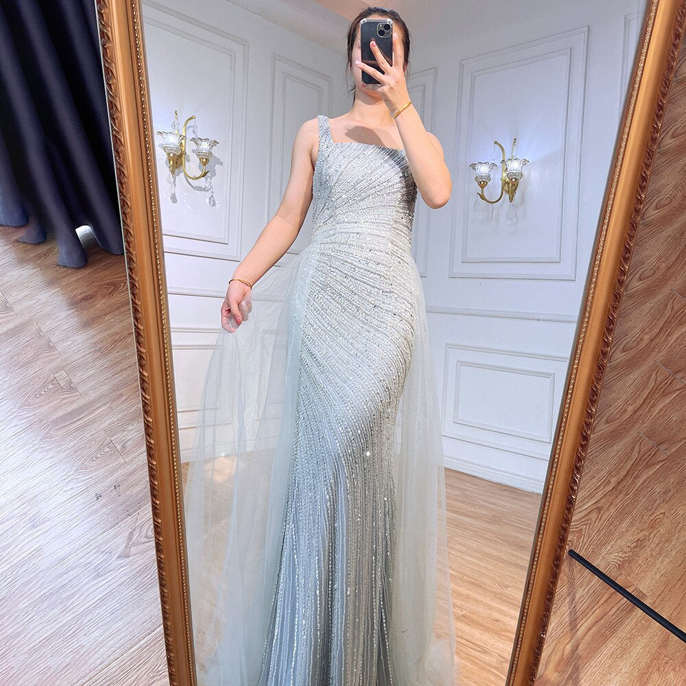Serene Hill Sexy Silver Mermaid Detachable Skirt Beaded Luxury Arabic Evening Dresses Gowns 2025 For Women Party LA71618 - SERENE HILL