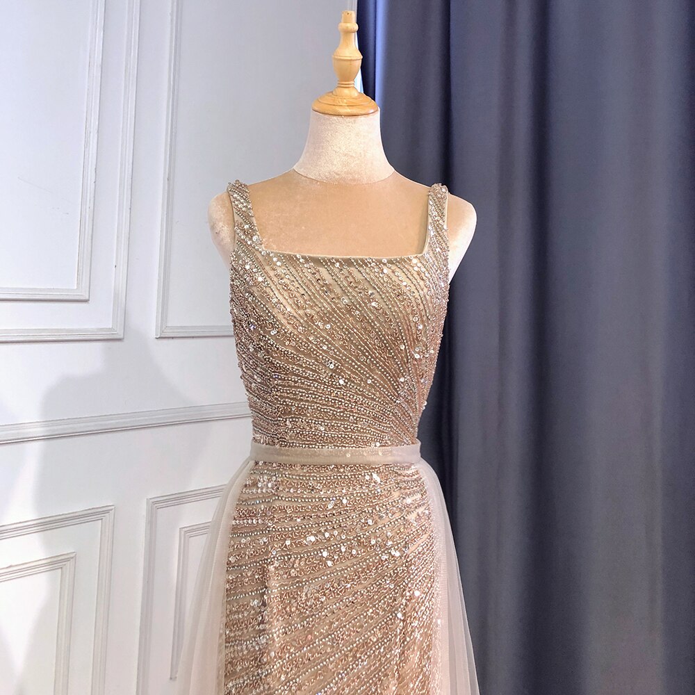 Serene Hill Sexy Silver Mermaid Detachable Skirt Beaded Luxury Arabic Evening Dresses Gowns 2025 For Women Party LA71618 - SERENE HILL