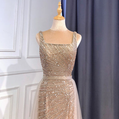 Serene Hill Sexy Silver Mermaid Detachable Skirt Beaded Luxury Arabic Evening Dresses Gowns 2025 For Women Party LA71618 - SERENE HILL
