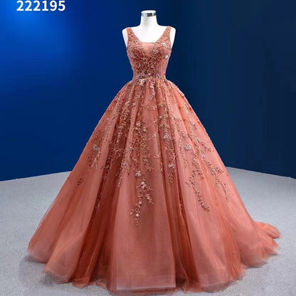 Serene Hill Sexy Sleeveless V Neck Orange Appliques Beaded Lace Up Bride Gowns Wedding Dress 2025 High End Custom Made HM222195 - SERENE HILL