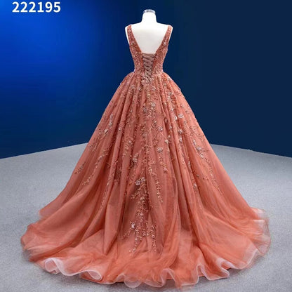 Serene Hill Sexy Sleeveless V Neck Orange Appliques Beaded Lace Up Bride Gowns Wedding Dress 2025 High End Custom Made HM222195 - SERENE HILL