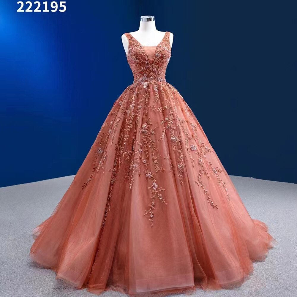 Serene Hill Sexy Sleeveless V Neck Orange Appliques Beaded Lace Up Bride Gowns Wedding Dress 2025 High End Custom Made HM222195 - SERENE HILL