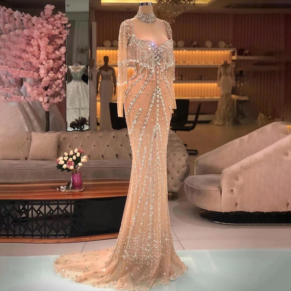 Serene Hill Sexy Sliver Nude Mermaid Elegant Arabic Full Sleeve Evening Dresses Gowns Luxury Tassel Beaded 2025 Party LA71716 - SERENE HILL