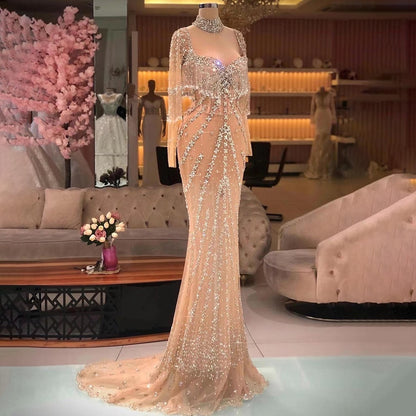 Serene Hill Sexy Sliver Nude Mermaid Elegant Arabic Full Sleeve Evening Dresses Gowns Luxury Tassel Beaded 2025 Party LA71716 - SERENE HILL