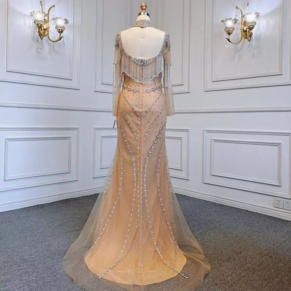 Serene Hill Sexy Sliver Nude Mermaid Elegant Arabic Full Sleeve Evening Dresses Gowns Luxury Tassel Beaded 2025 Party LA71716 - SERENE HILL