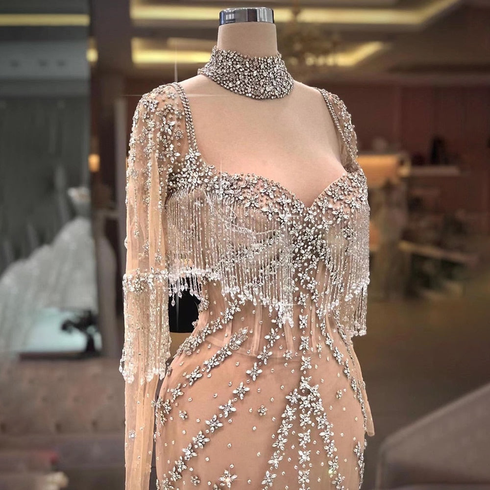 Serene Hill Sexy Sliver Nude Mermaid Elegant Arabic Full Sleeve Evening Dresses Gowns Luxury Tassel Beaded 2025 Party LA71716 - SERENE HILL