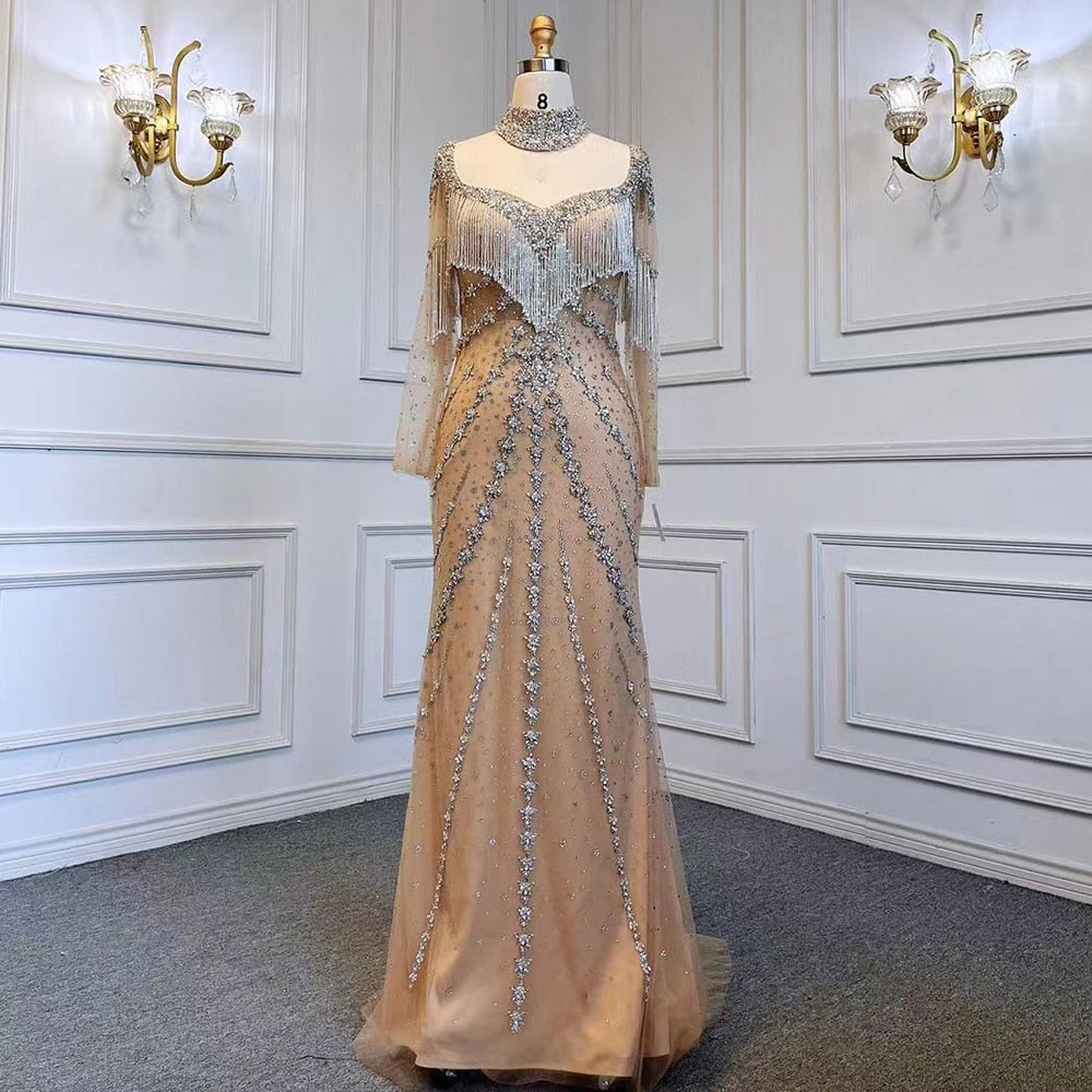Serene Hill Sexy Sliver Nude Mermaid Elegant Arabic Full Sleeve Evening Dresses Gowns Luxury Tassel Beaded 2025 Party LA71716 - SERENE HILL