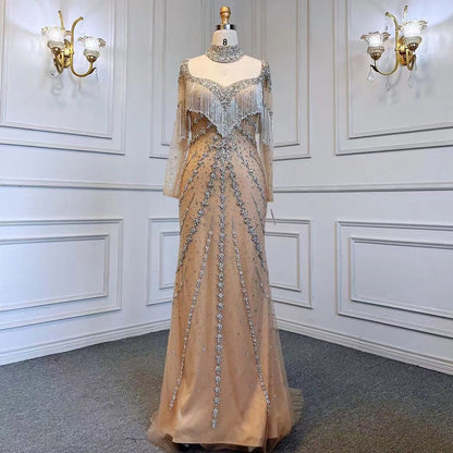 Serene Hill Sexy Sliver Nude Mermaid Elegant Arabic Full Sleeve Evening Dresses Gowns Luxury Tassel Beaded 2025 Party LA71716 - SERENE HILL