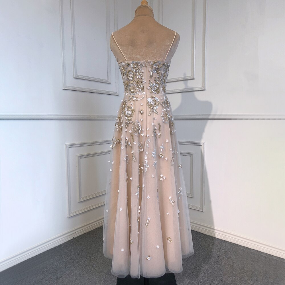 Serene Hill Sexy Spaghetti Straps Beaded Luxury Nude A Line Evening Dresses Arabic Off Shoulder Gown For Party LA71733 - SERENE HILL