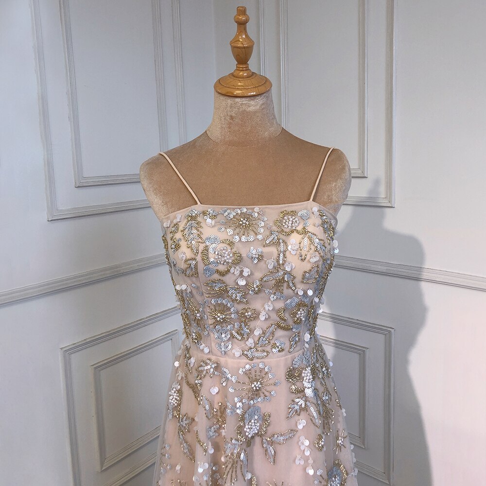 Serene Hill Sexy Spaghetti Straps Beaded Luxury Nude A Line Evening Dresses Arabic Off Shoulder Gown For Party LA71733 - SERENE HILL