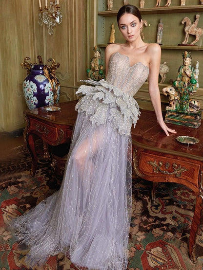 Serene Hill Sexy Sweetheart Silver A Line Luxury Crystal Evening Dresses Gowns 2025 For Women Wedding Party LA71647 - SERENE HILL