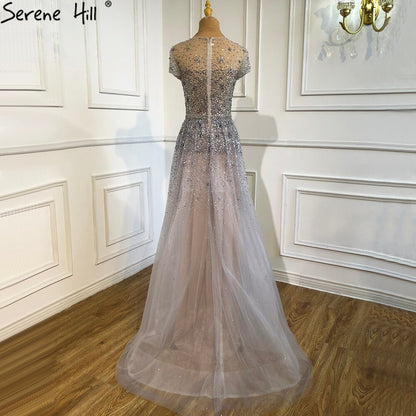 Serene Hill Silver A-Line Tulle Evening Dresses 2025 Dubai Short Sleeves Beading Formal Dress Design LA70715 - SERENE HILL