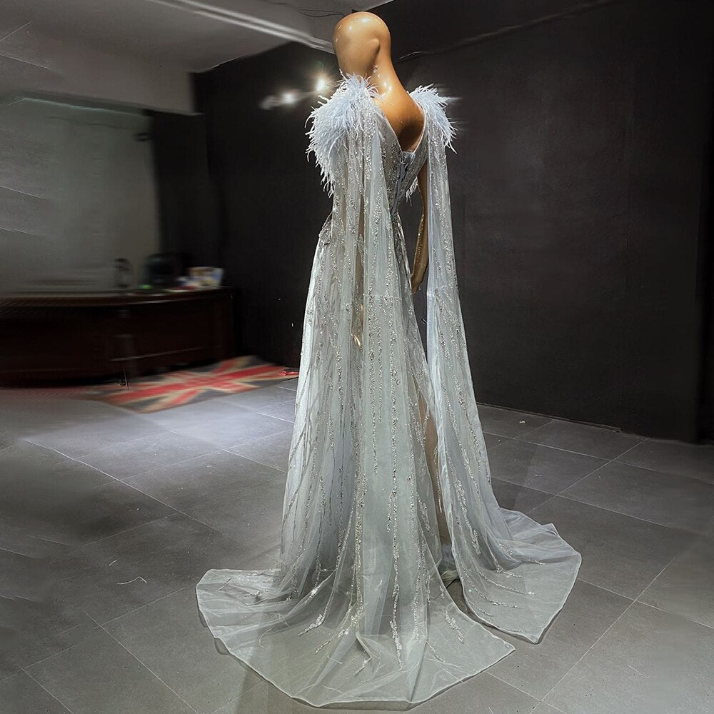 Serene Hill Silver Cape Sleeves Evening Dresses Gowns 2025 Beaded Feather A-Line Luxury For Women Party LA71546 - SERENE HILL