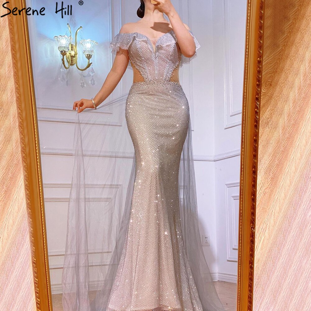 Serene Hill Silver Detachable Train Evening Dresses Gowns 2025 Luxury Silver / 12