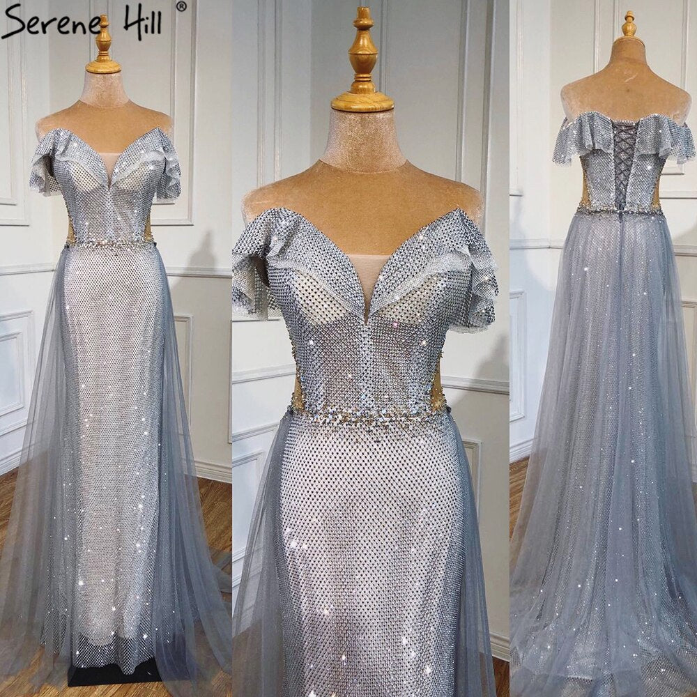 Serene Hill Silver Detachable Train Evening Dresses Gowns 2025 Luxury Sparkle Mermaid For Wowmen Party LA70813 - SERENE HILL