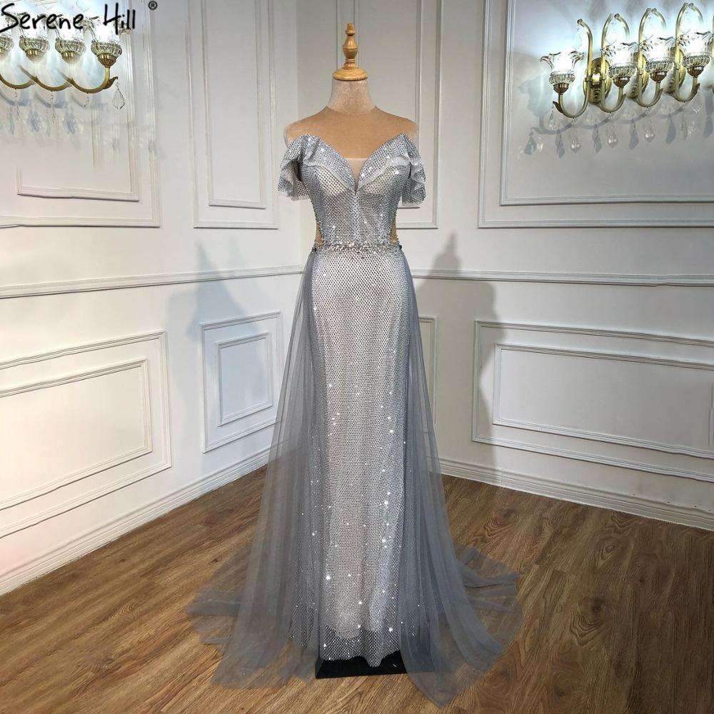 Serene Hill Silver Detachable Train Evening Dresses Gowns 2025 Luxury Silver / 12