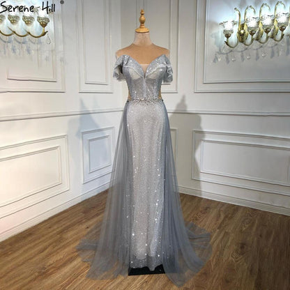 Serene Hill Silver Detachable Train Evening Dresses Gowns 2025 Luxury Sparkle Mermaid For Wowmen Party LA70813 - SERENE HILL