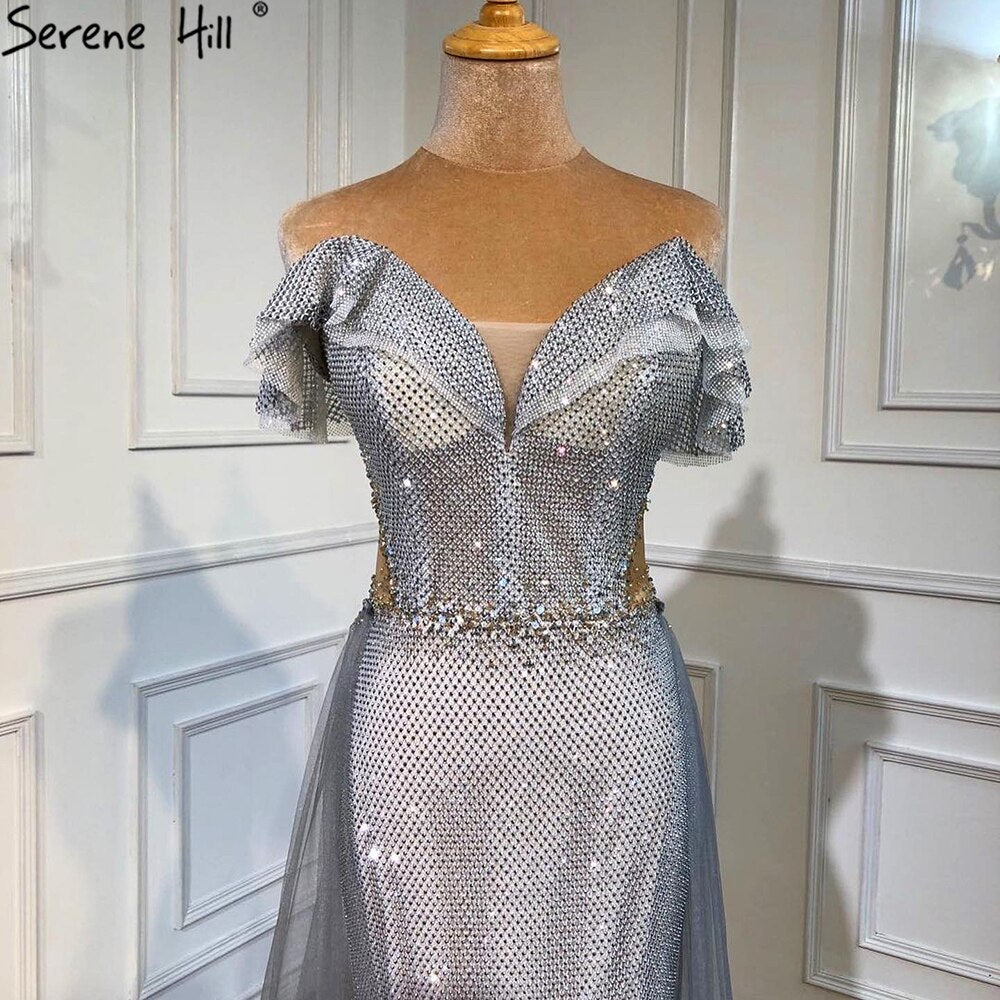 Serene Hill Silver Detachable Train Evening Dresses Gowns 2025 Luxury Sparkle Mermaid For Wowmen Party LA70813 - SERENE HILL